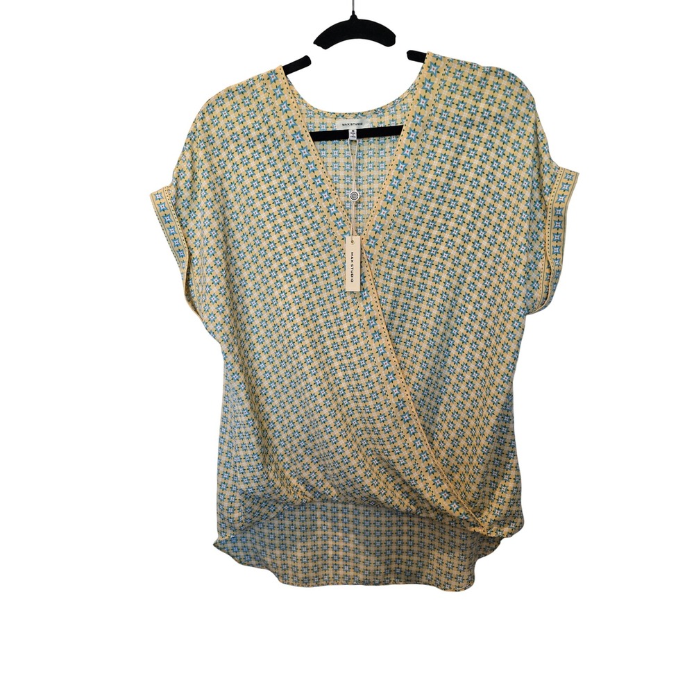 Max Studio Yellow Blue Geometric Star Print Surplice V-Neck Blouse 8705D39 M NWT